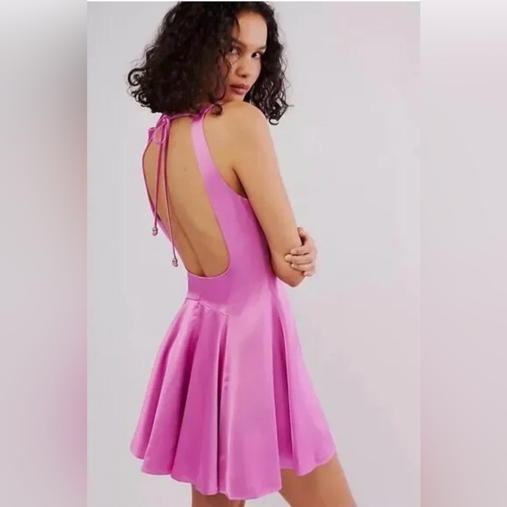 Free People Pink Satin Skater dress open back size 6 - Picture 2 of 6